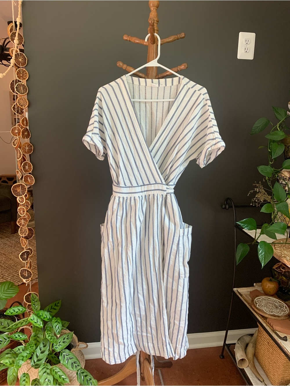 GAP Blue and White Striped Wrap-Style Midi Dress